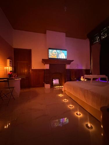 a bedroom with a fireplace with a tv on the wall at PINK ROOm in Tourcoing