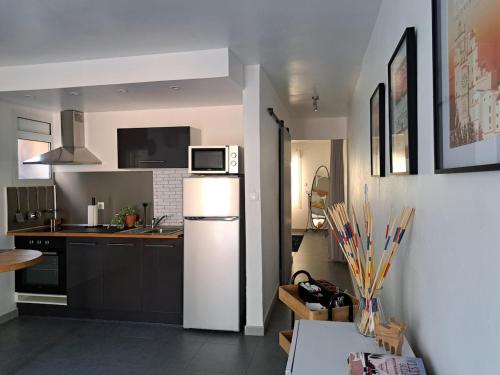 La cuisine est équipée d'un réfrigérateur blanc et d'un four micro-ondes. dans l'établissement Appart Béziers - Campagne de Montimas, à Béziers