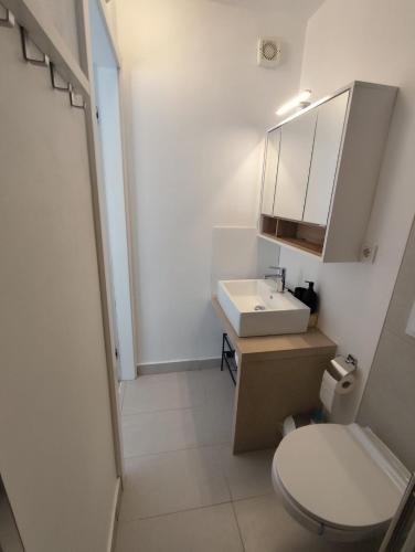 a bathroom with a white toilet and a sink at Blauer Horizont in Povljana
