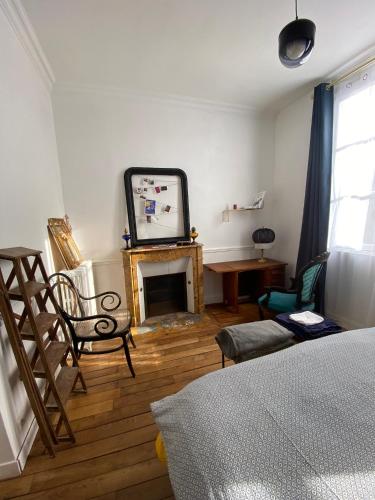 un salon avec une cheminée et un miroir dans l'établissement Chambre bleue et or 16m2 chez l'habitant dans appartement 100m2 centre ville, à Rennes