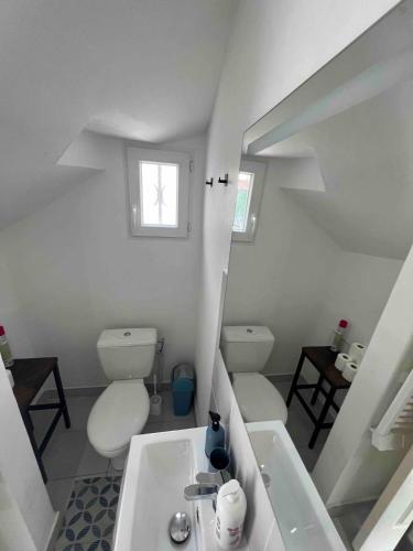une salle de bain blanche avec des toilettes et un lavabo dans l'établissement KXX Private complex 15 min PARIS ParcExpo 12 bedrooms, à Bagneux