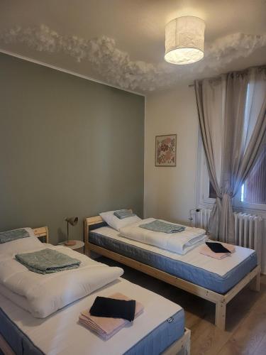 a room with two beds and a window with a chandelier at L'Escale 3 Chambres Clermont-Ferrand in Clermont-Ferrand