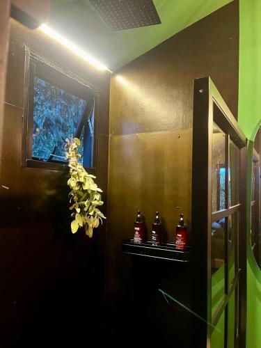 a bathroom with a window and a shelf with bottles at Tiny House Minimalista en la Naturaleza, El Retiro in El Retiro