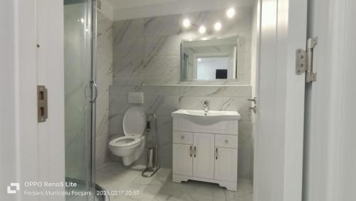 a bathroom with a toilet and a sink and a shower at Casa M&V in Focşani