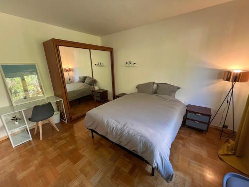 a bedroom with a bed and a large mirror at BXX Private complex 10 min PARIS EXPO 12 rooms in Bagneux
