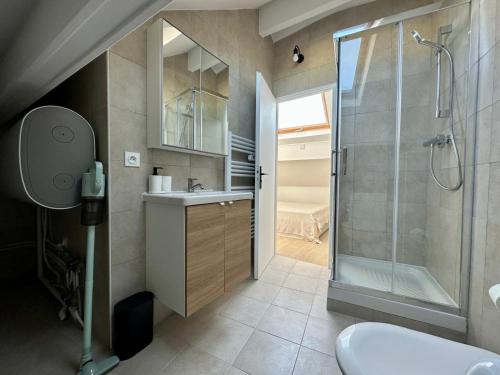 une salle de bain avec une douche, un lavabo et des toilettes dans l'établissement Appartement Cosy Gare Nanterre Ville RER A, à Nanterre