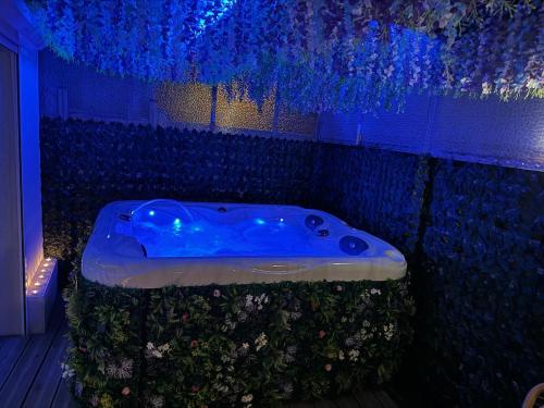 - une baignoire bleue dans une pièce fleurie dans l'établissement Apartment with jacuzzi, à Lille