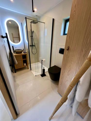 une salle de bain avec douche et porte vitrée dans l'établissement Dépendance de charme entre Disney et Paris, à Pomponne