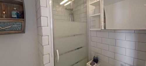a bathroom with a shower with a glass door at Appartement bord de mer le Capitaine in Valras-Plage