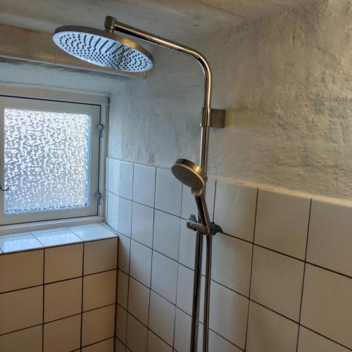 a shower in a bathroom with a window at Central Apartment In Aalborg Close To Hospital in Aalborg