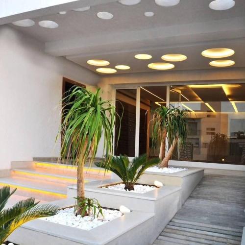ナブールにあるLuxueux appartement meublé bien équipé avec accès piscine et salle de sportの建物の前に3つの鉢植えが置かれたロビー