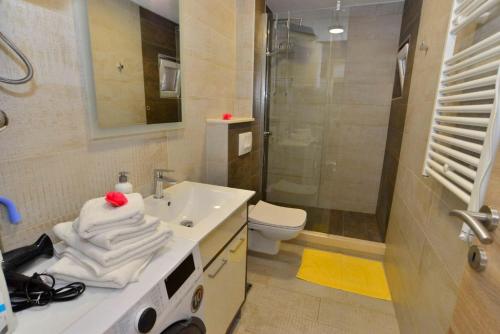 a bathroom with a sink and a toilet and a shower at Apartments Boka bay in Kotor