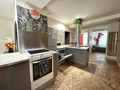 Il comprend une grande cuisine équipée d'une cuisinière et d'un évier. dans l'établissement Chez Ysa Coeur de Chalon Calme et lumineux, à Chalon-sur-Saône