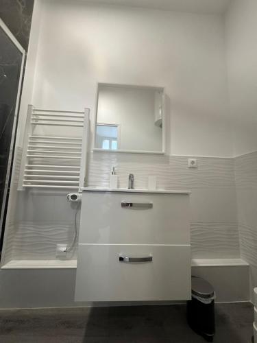une salle de bain blanche avec un lavabo et un miroir dans l'établissement Lune Argentée - RDC - Centre ville, à Clermont-Ferrand