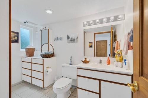 łazienka z toaletą, umywalką i lustrem w obiekcie Cape Meares 4br Oceanview Retreat King Bed w mieście Tillamook