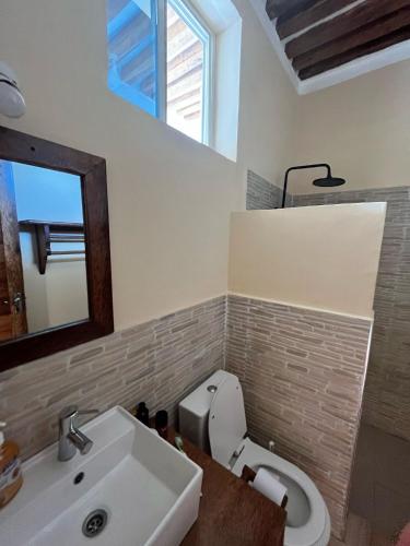 a bathroom with a sink and a toilet and a mirror at DOGO E ILARIA Bed & Breakfast in Nungwi