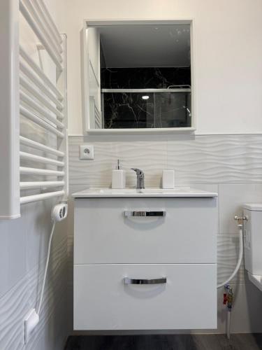 une salle de bain blanche avec un lavabo et un miroir dans l'établissement Ciel Bleu - Premier étage - Centre ville, à Clermont-Ferrand