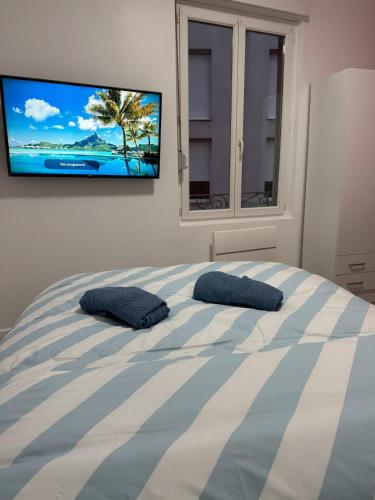 Cette chambre comprend un lit avec deux oreillers et une télévision murale. dans l'établissement Soleil Rose, à Clermont-Ferrand