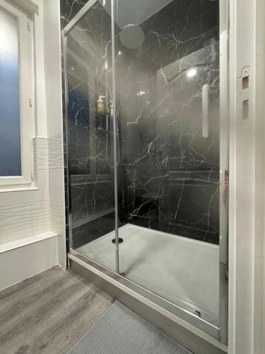 une douche avec une porte vitrée dans une salle de bain dans l'établissement Soleil Rose, à Clermont-Ferrand