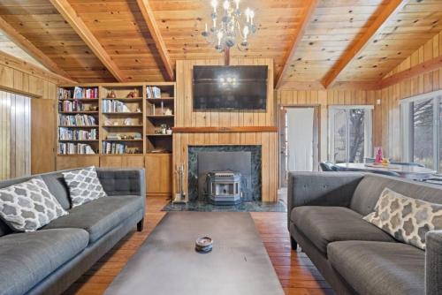 a living room with couches and a fireplace at Mid-Century-Modern Mountain Gem in Placerville