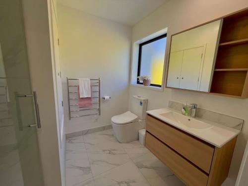 a bathroom with a sink and a toilet and a mirror at Inviting City Centre Studio in Christchurch