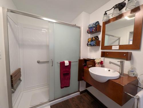 a bathroom with a white sink and a mirror at Squaw Valley Motel Room 6 in Squaw Valley