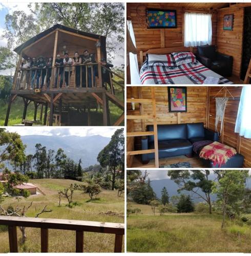 a collage of pictures of a cabin with people on a balcony at Quinta las Marias, Ecolodge, camping y Tiny wood house in Guateque