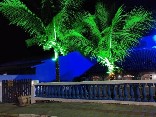 a couple of palm trees with green lights at Pousada Oceanica Marica in Maricá