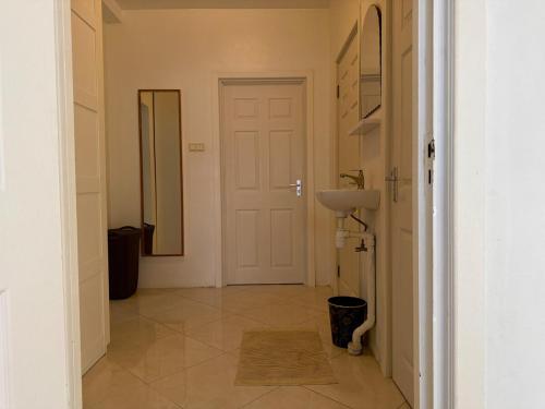a hallway with a white door and a sink at 2 Slaapkamer Appartement in Paramaribo-Noord in Paramaribo