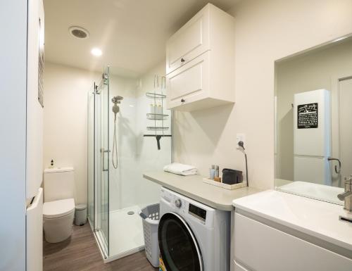 a laundry room with a washer and dryer in it at Mariri Heights Guest Studio in Lower Moutere