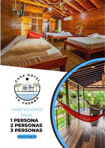 two pictures of a room with a bed and a hammock at Casa Hotel La Cherna in Bahía Solano