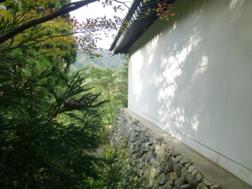 a white wall with trees in the background at 咲花温泉 ホテル丸松 in Gosen