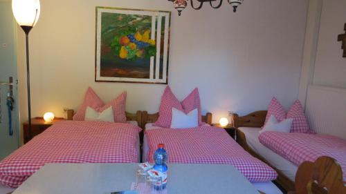 a bedroom with two beds with pink checkered sheets at Gästehaus Huber - traditional Sixties Hostel in Feichten