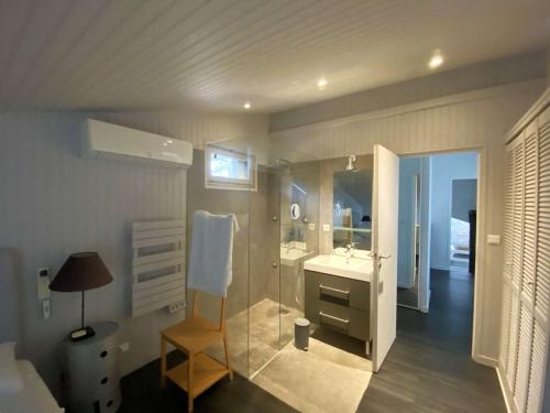 une salle de bain avec un lavabo et un miroir dans l'établissement Villa d'exception avec terrasses spacieuses à Cap-Ferret - FR-1-736-57, à Lège-Cap-Ferret