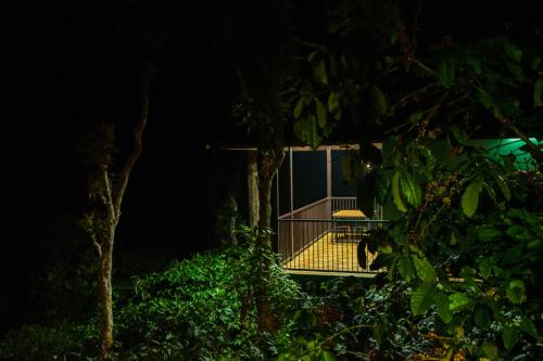 a house with a balcony at night at Hill Valley Farm House in Nelliyampathy