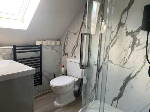 a bathroom with a toilet and a glass shower at Onich Hotel & Lochside Beach Pods in Onich