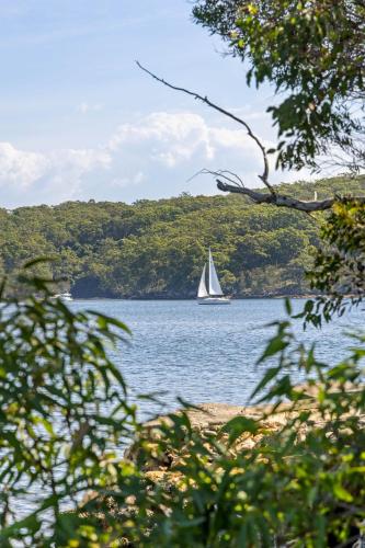 a sail boat on a lake with a sail boat at Tranquil Retreat at Caringbah South - Waterfront Ensuite King Room with Spectacular Views in Lilli Pilli