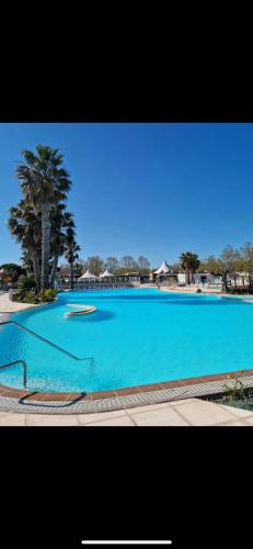 une grande piscine bleue avec un frisbee dans l'établissement Vias Mobil home 6-8 pers tout confort climatisé, à Vias