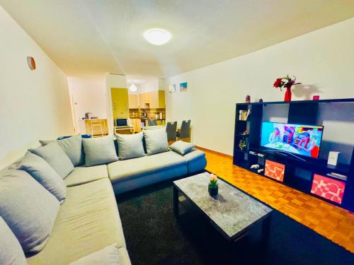 a living room with a couch and a tv at ApartaHotel L'escapade Urbaine in Lausanne