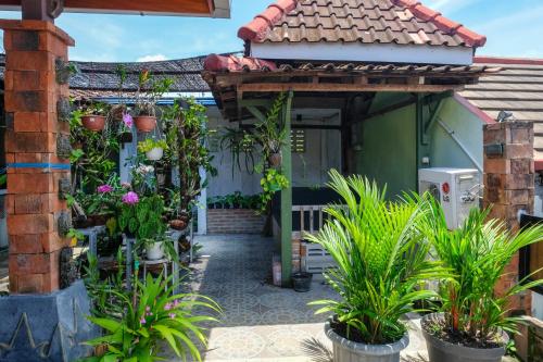 a garden entrance to a house with potted plants at RedDoorz Gita Grha Prawirotaman in Yogyakarta