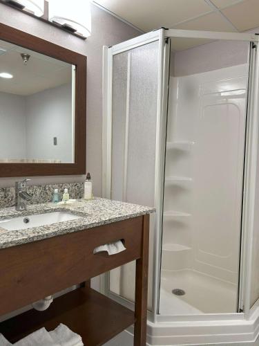 a bathroom with a shower and a sink at Quality Inn & Suites Tarboro - Kingsboro in Tarboro