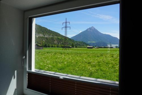 a window with a view of a field and a mountain at Apartment Deluxe mit Whirlpool und Fasssauna in Imsterberg