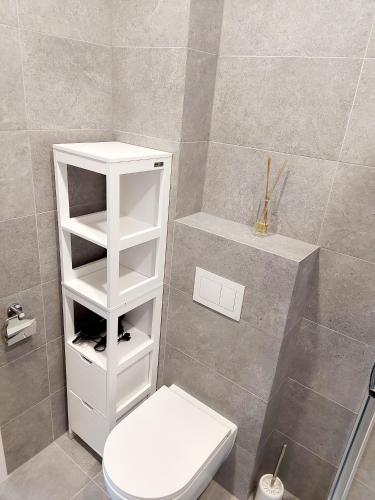 a bathroom with a white toilet and a shower at Šventosios uostas in Palanga