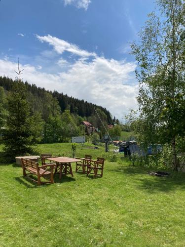 a picnic table and benches in a field at Chalupa a apartmány Lojka in Benecko
