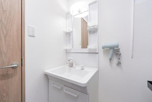 a white bathroom with a sink and a mirror at Y's INN 駒込 110T in Tokyo