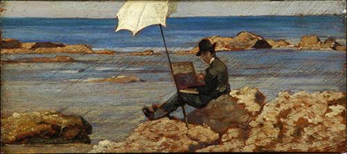 a painting of a man sitting on a rock with a laptop at Hotel Baia Del Sorriso in Castiglioncello