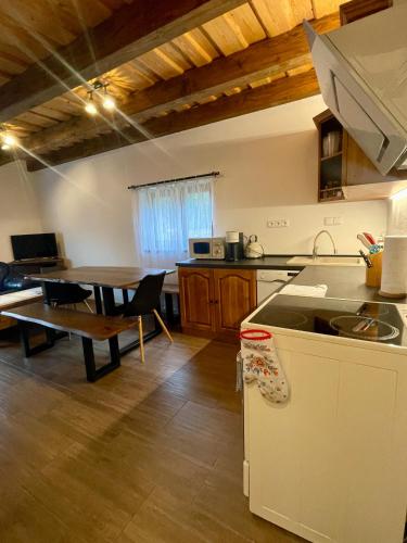 a kitchen and dining room with a table and a counter at Wellness chata se saunou a vířivkou 1 in Žirovnice