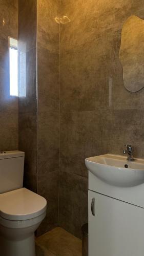 a bathroom with a toilet and a sink at Modern Ocean-View Apartment in Durban