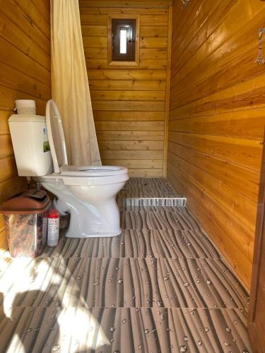 a bathroom with a toilet in a wooden cabin at Yaxshigulhomestay in Yukary-Ukhum