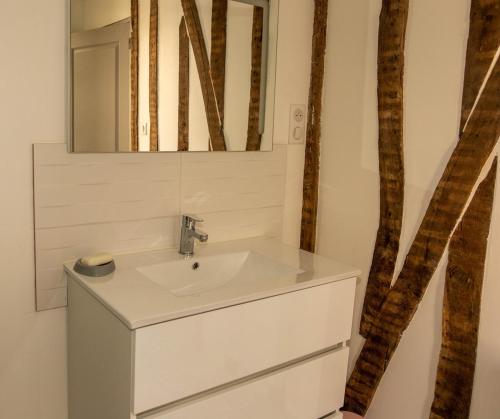 une salle de bain avec un lavabo blanc et un miroir dans l'établissement av de la Libération, à Limoges